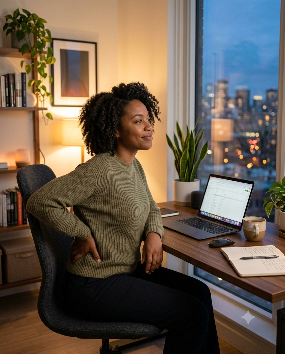 Assise au bureau, le dos se tend